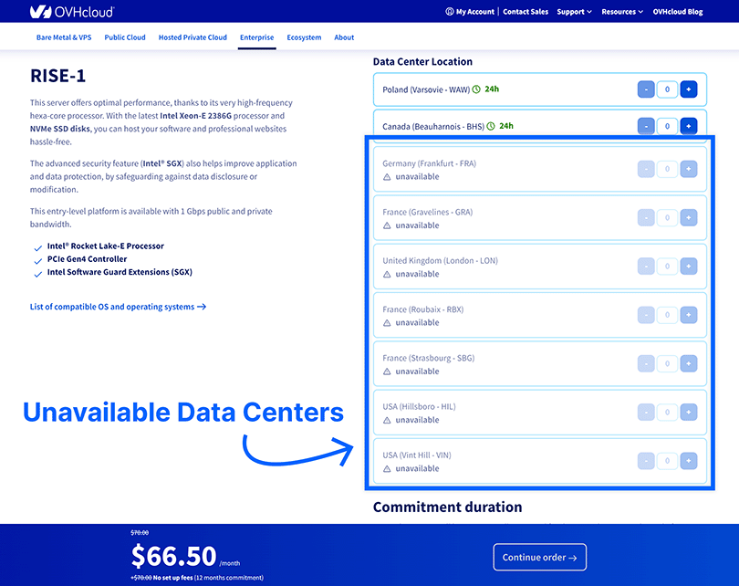 OVHcloud server configuration page showing unavailable data centers