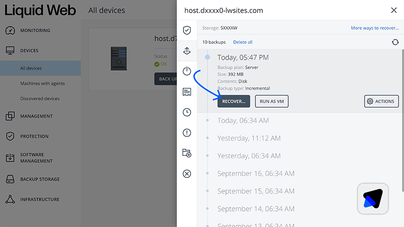 Acronis Portal with steps to recover a backup highlighted