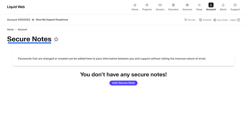 Secure Notes area in Liquid Web dashboard