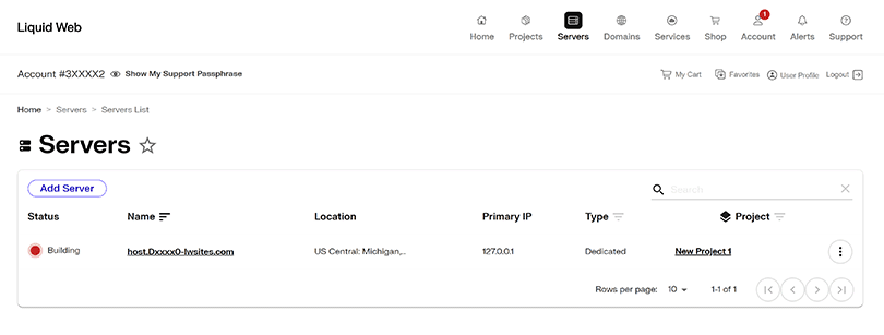 Servers overview page in Liquid Web account dashboard showing Server status as Building