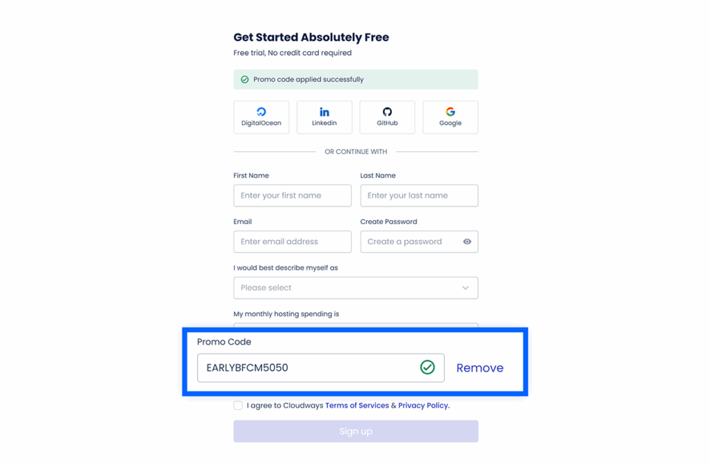 Cloudways sign up page with BFCM 2025 discount code applied and highlighted
