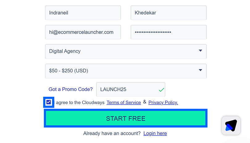 Cloudways signup form complete with terms checkbox and Start Free button highlighted