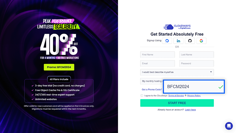 Cloudways Black Friday Cyber Monday deal code applied on sign up page