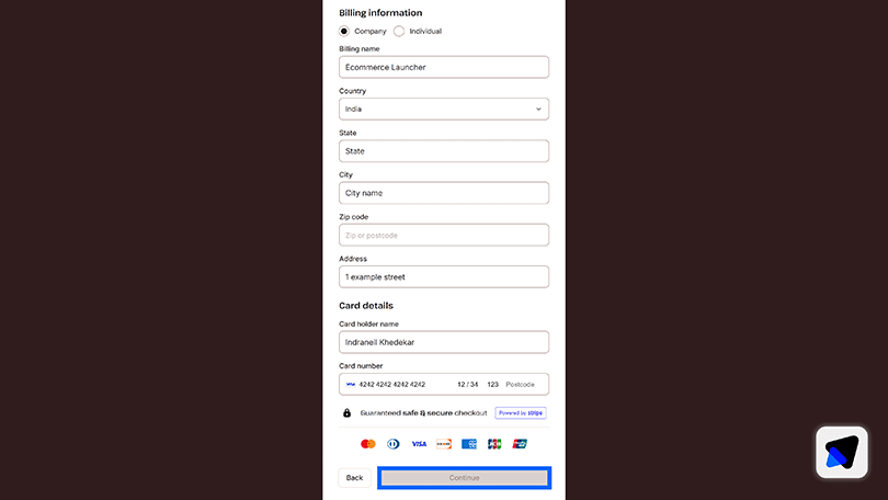 Enter billing details and click Continue