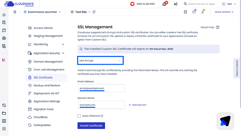 Cloduways SSL management page with Let's Encrypt settings configured to install free ssl certificate