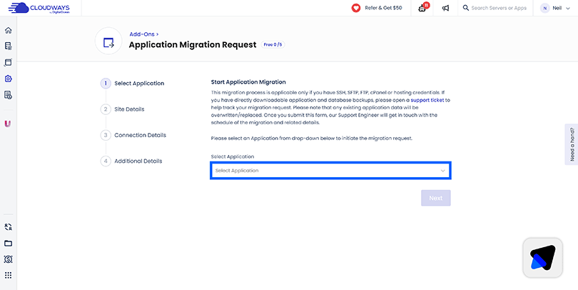 Cloudways application migration form with select application field highlighted