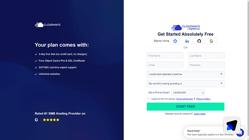 Cloudways promo code entered on new account signup page