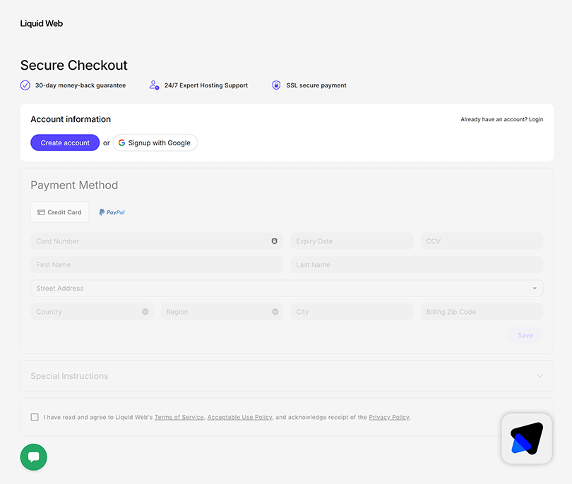 Enter account creation and payment details