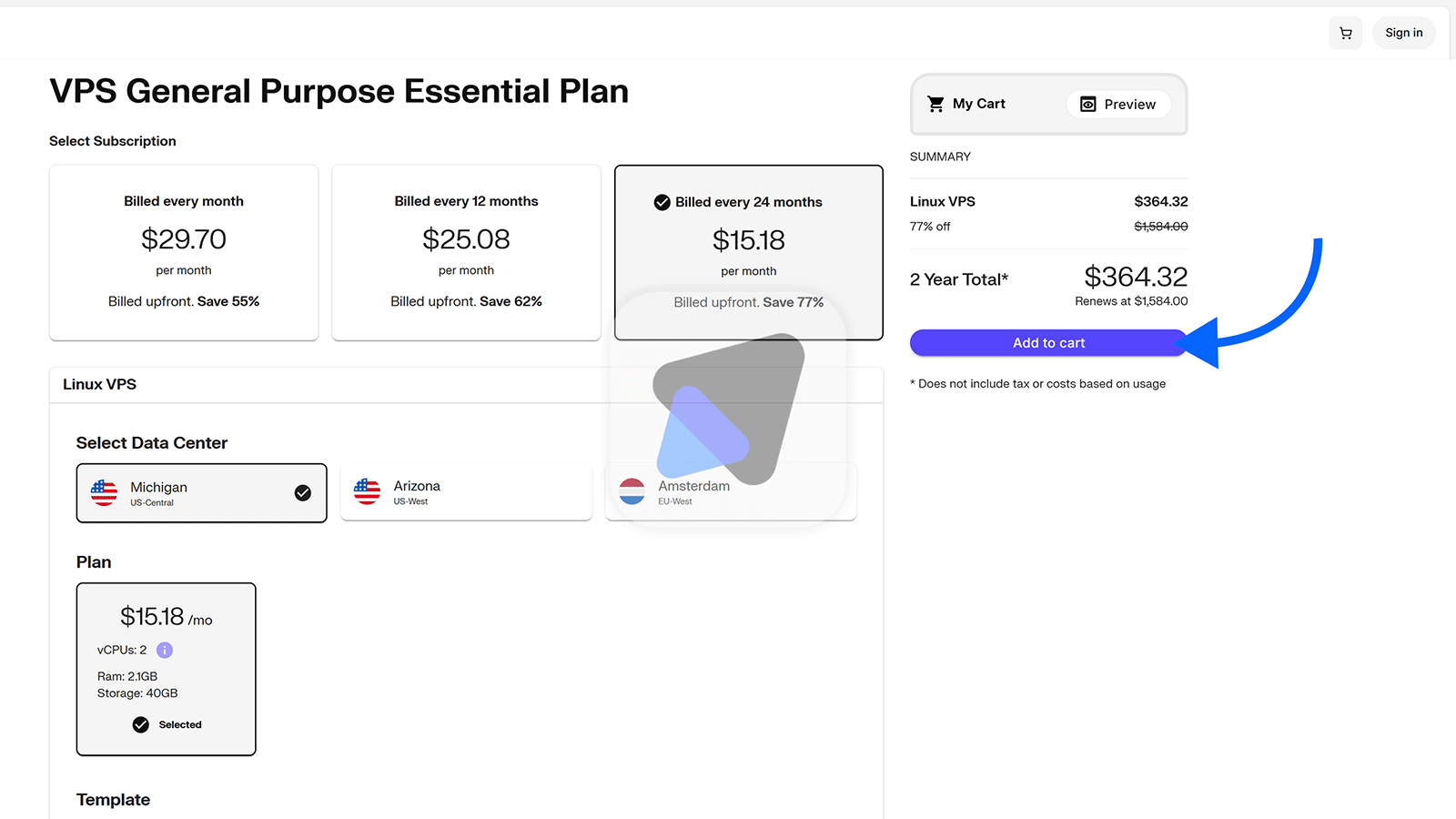 Add hosting plan to your cart