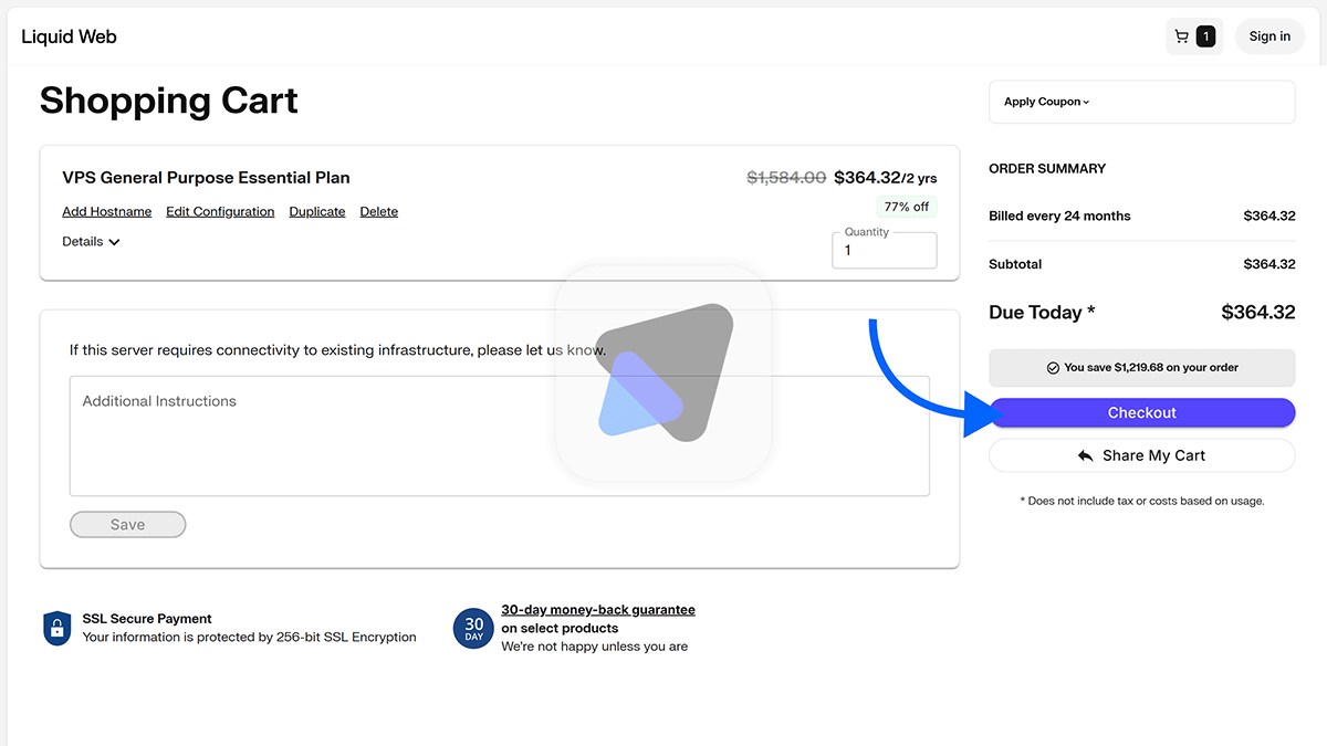 Verify added hosting plans and select Checkout