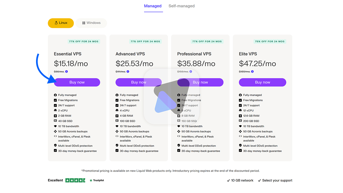 Buy now button highlighted under Essential VPS pricing