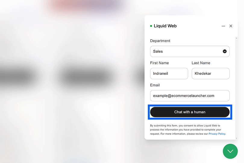 Live Chat form filled for Sales department