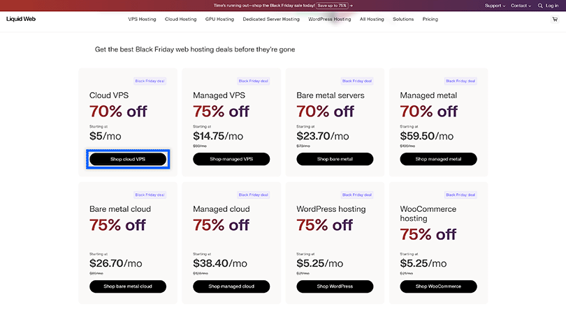 Shop Cloud VPS button highlighted on Liquid Web BFCM deals page