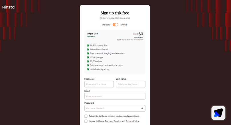Kinsta WordPress hosting plan sign up page
