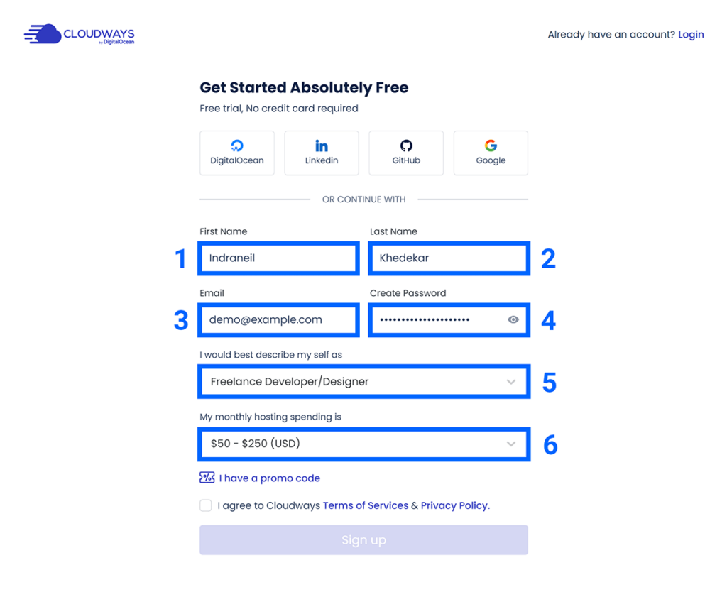 Cloudways signup form filled and highlighted using numbers 1 to 6