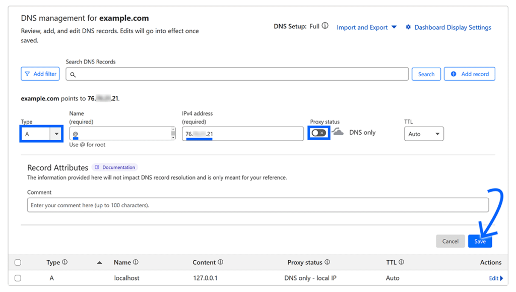 A record created in Cloudflare dashboard and arrow pointing to Save button
