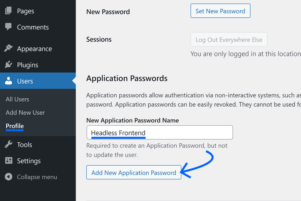 New application password name entered and arrow pointing to Add New Application Password button
