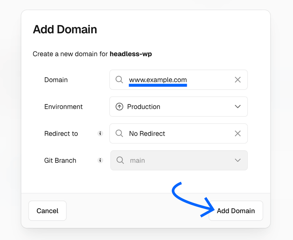 Add domain popup with domain name entered and arrow pointing to Add Domain button