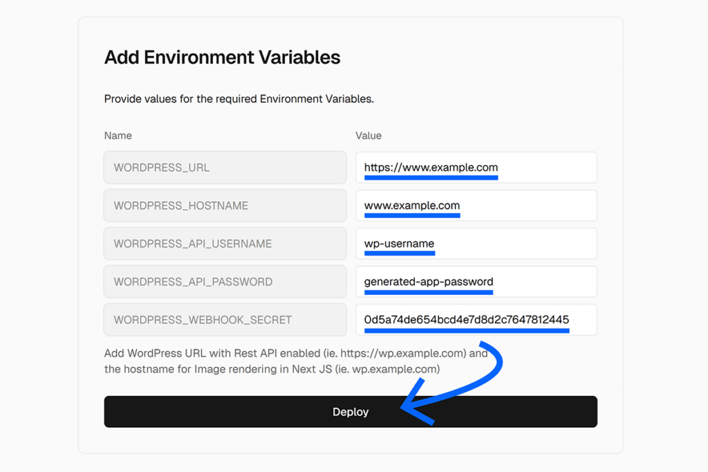 Environment variables entered and arrow pointing to Deploy button