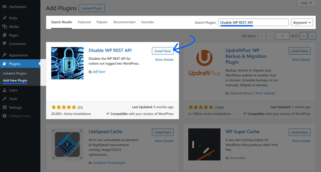 WordPress add new plugin page showing search results for Disable WP REST API and arrow pointing to install now button of first result