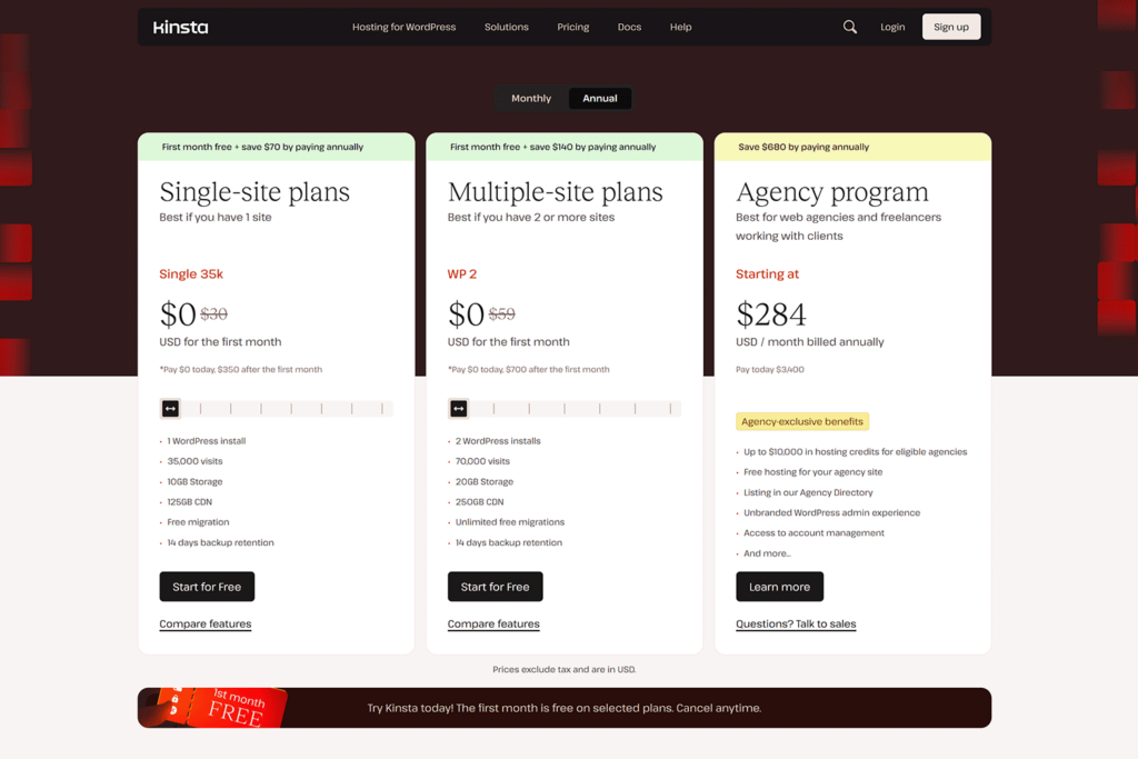 Kinsta managed WordPress hosting pricing plans with first month free