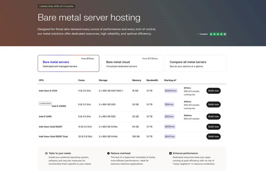 Liquid Web bare metal hosting pricing table