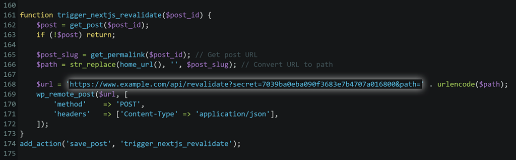 functions.php file in editor with revalidate url and webhook placeholder replaced