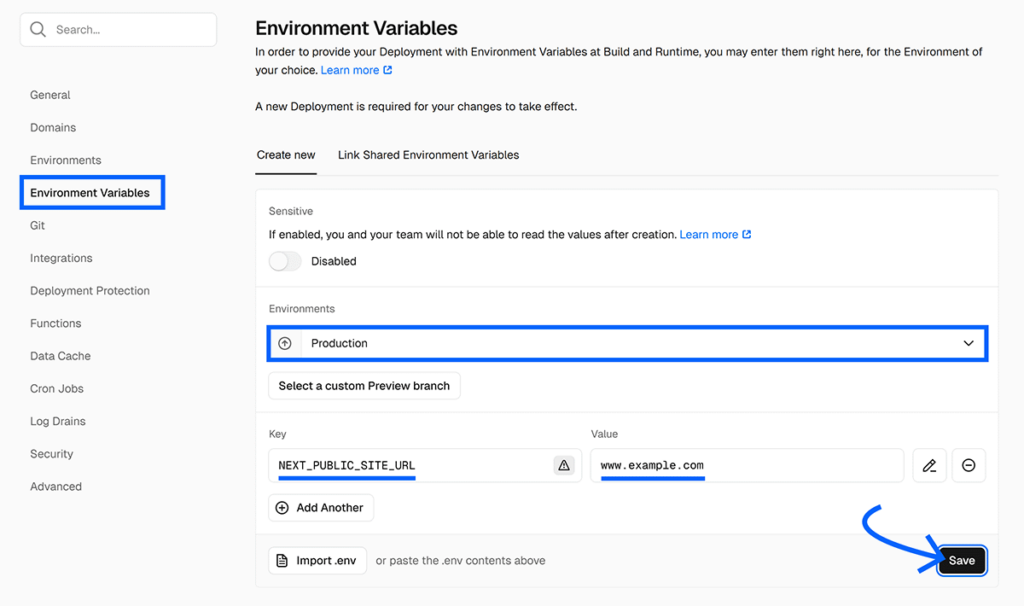 Environment variables tab in Vercel project settings with public site url env variable created and arrow pointing to Save button