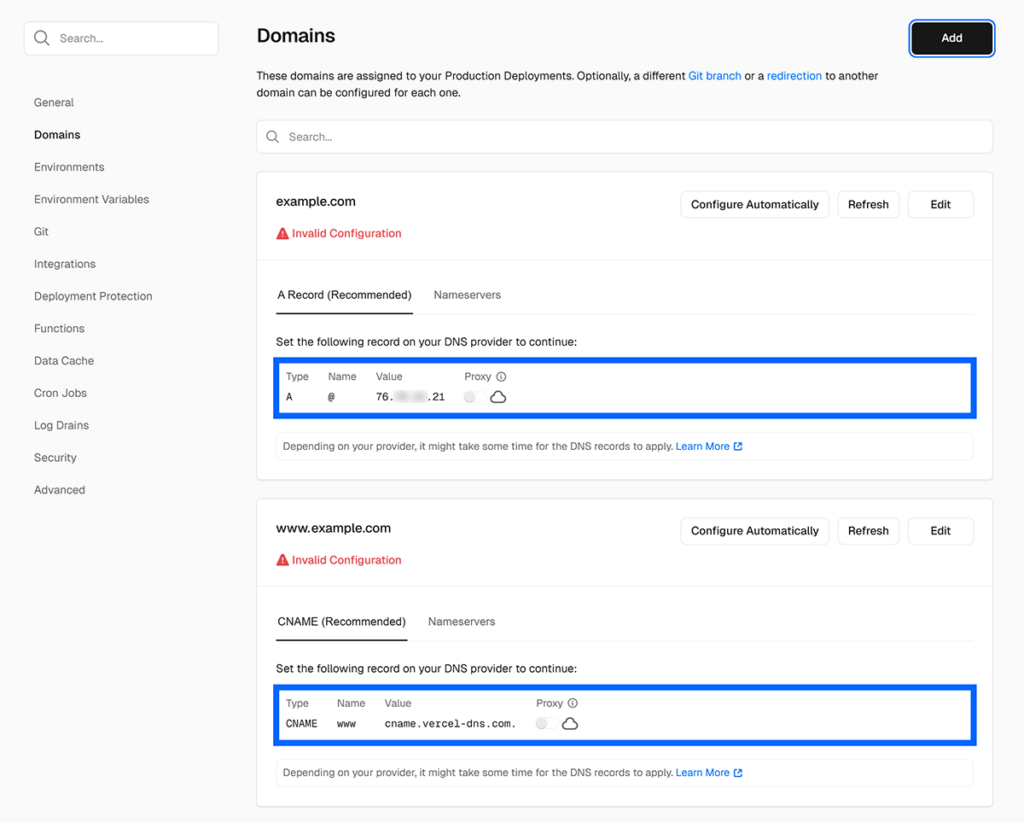 DNS records created by Vercel highlighted