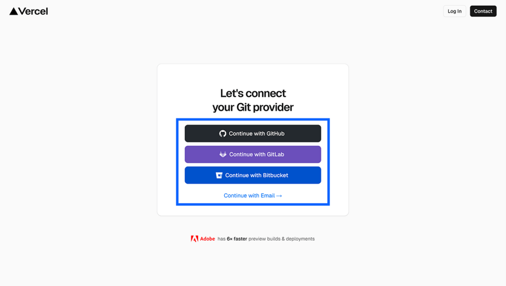 Vercel connect git provider page with provider options highlighted