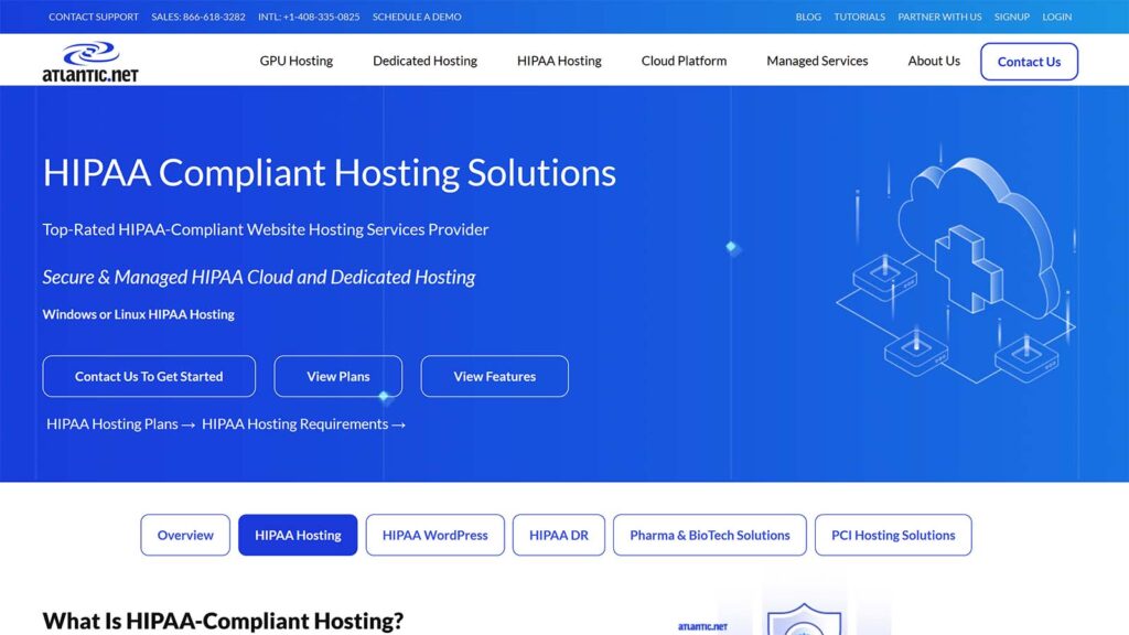 Atlantic.net page shows HIPAA hosting options with a blue theme, cloud icon, and buttons to view plans or features.