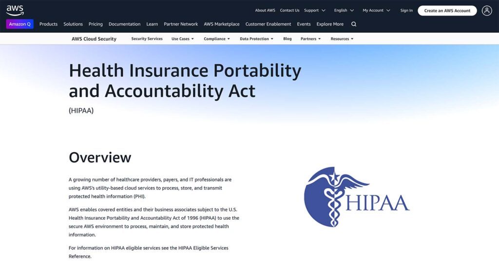 AWS page explains HIPAA compliance for cloud services with a header reading “Health Insurance Portability and Accountability Act.”