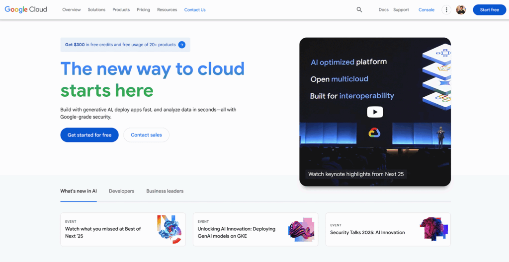 Google Cloud homepage promotes AI-ready infrastructure with multicloud support and a video panel on the right.
