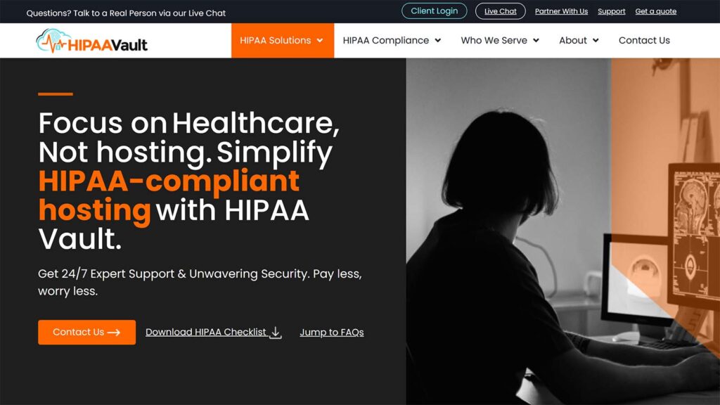 HIPAA Vault homepage highlights HIPAA-compliant hosting with a dark layout, orange accents, and medical imagery.