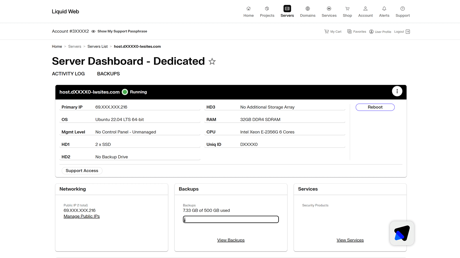 Liquid Web server dashboard shows server specs like IP address, OS, RAM, and a running status indicator.