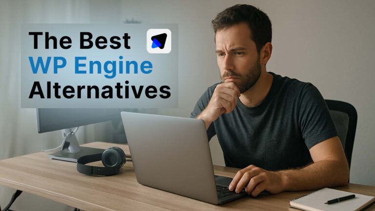 WP Engine alternatives featured image showing man staring at laptop screen with thoughtful expression and image overlayed with text