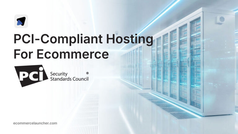 Data center hallway with server racks and text about PCI-compliant hosting for ecommerce