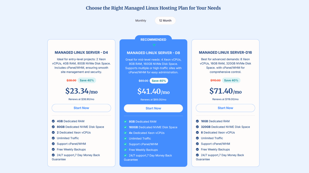 Verpex managed Linux PCI compliant hosting plans comparing server specs, pricing, and features.