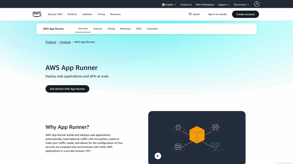 AWS App Runner overview page describing deployment of web apps and APIs with scalable infrastructure and a get started button