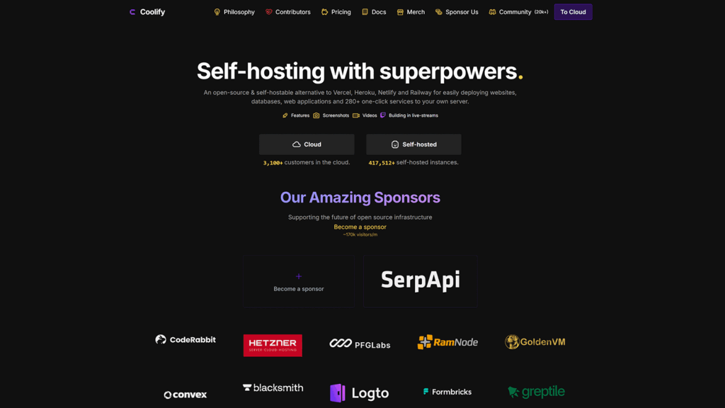 Coolify homepage promoting self-hosted deployment platform for apps, databases, and services with cloud and self-hosted options