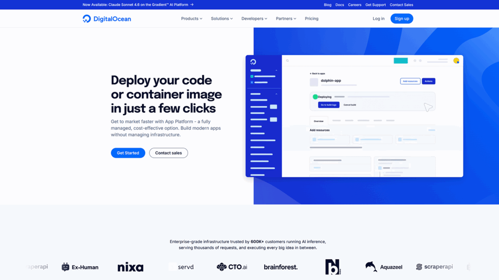 DigitalOcean App Platform homepage showing interface for deploying code or container images with a managed cloud app dashboard
