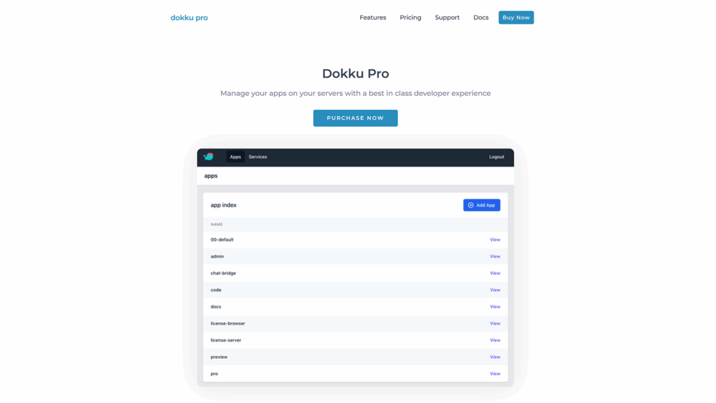 Dokku Pro page showing app management interface with a list of deployed apps and an “Add App” button