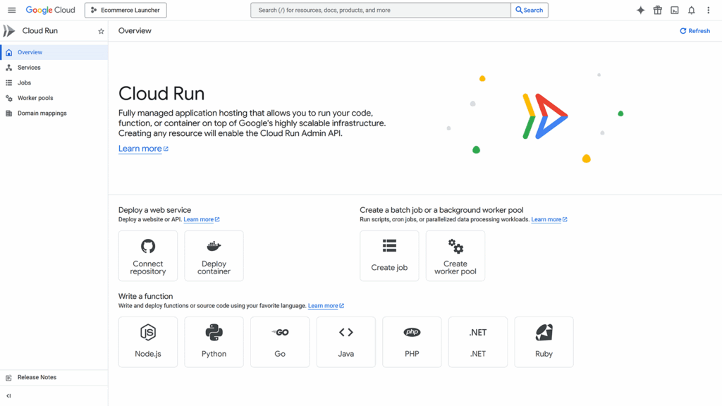 Google Cloud Run dashboard showing options to deploy containers, connect repositories, and create services in Google Cloud