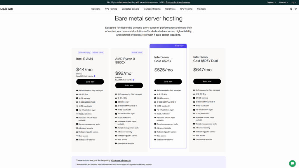 Liquid Web bare metal hosting pricing page showing dedicated server plans with hardware specs and monthly pricing