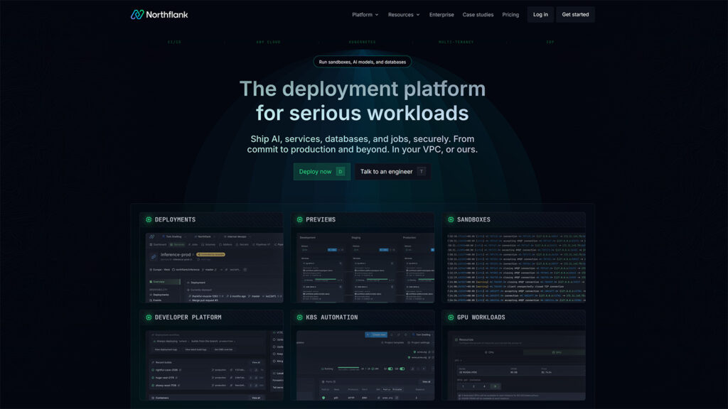 Northflank platform homepage showing deployment dashboards for previews, sandboxes, Kubernetes automation, and GPU workloads