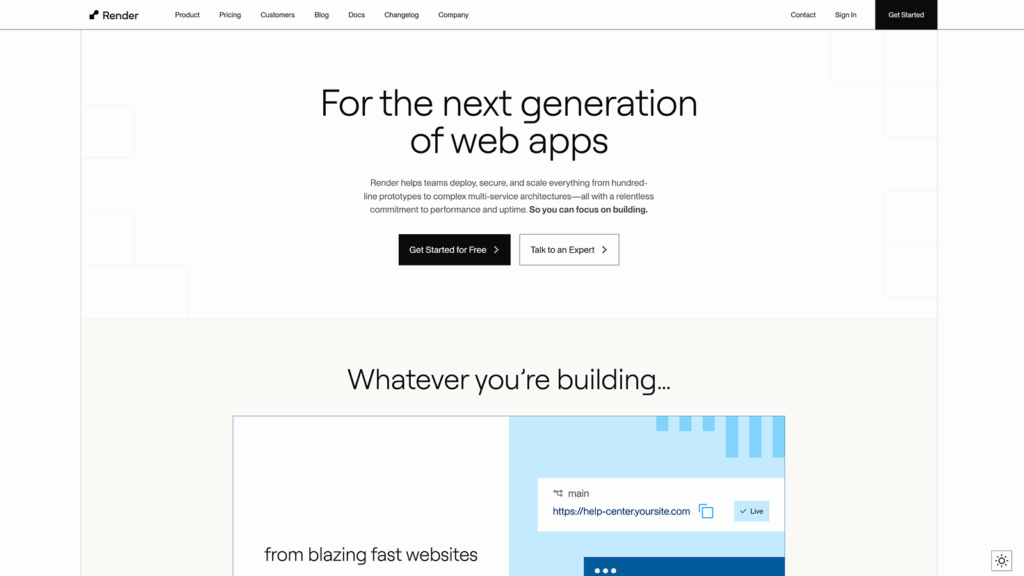 Render hosting platform homepage promoting deployment and scaling of web apps with “Get Started for Free” call to action