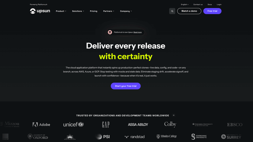Upsun platform homepage highlighting cloud application deployment with a “Start your free trial” button and enterprise customer logos