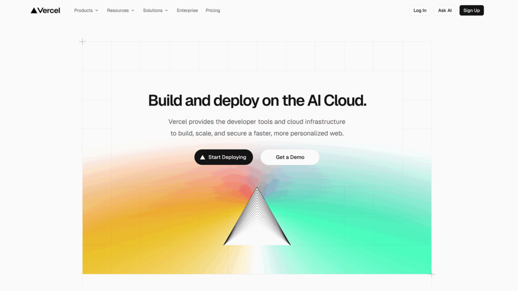 Vercel homepage promoting AI cloud deployment with “Start Deploying” and “Get a Demo” buttons over a colorful gradient graphic